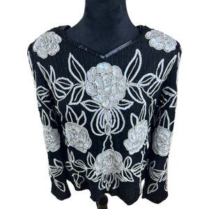 Vintage Leslie Fay Black Beaded Silk Sequin White Floral Formal Top NWT